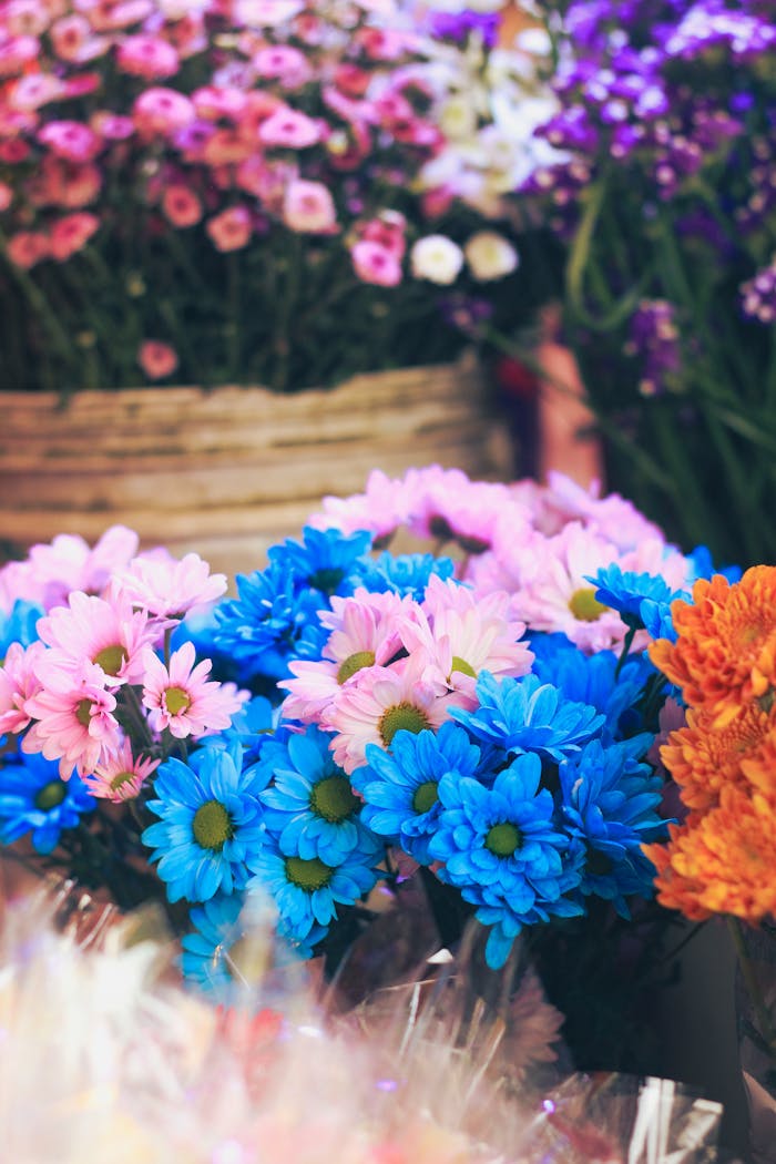 services-02 A colorful assortment of pink, blue, and orange flowers at a vibrant market in Dhaka, Bangladesh.