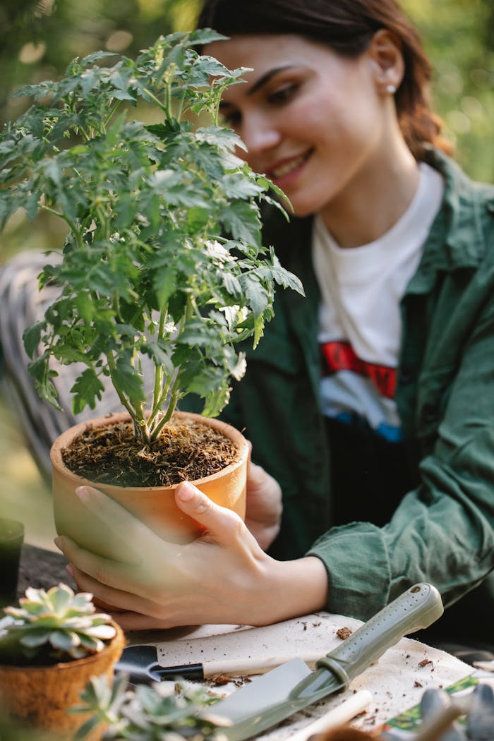 contact-img Positive female gardener sitting at table with gardening tools and planting seedlings in pots in orangery
